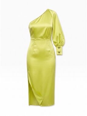 NWT Uterque One Sleeve Asymmetric Satin Dress Bright Yellow M